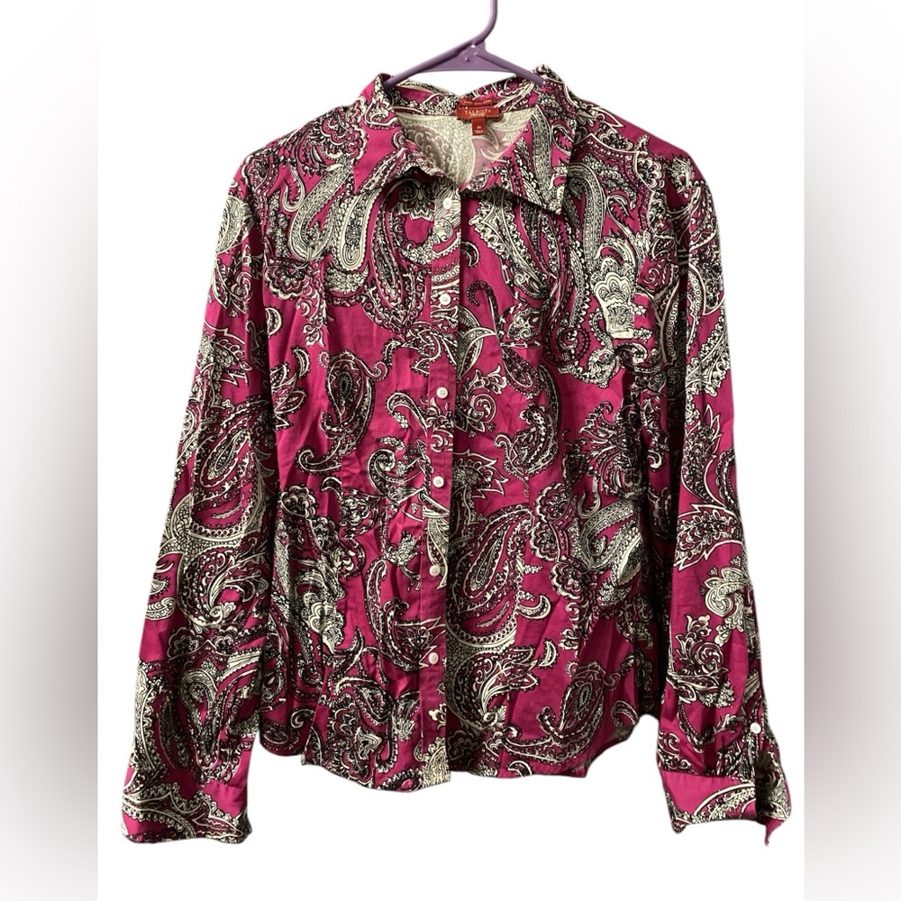TALBOTS Women’s US Size 14 Paisley Print Long Sleeve Button Up Shirt Pink & Wht
